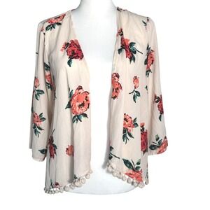 MIMI CHICA Womens Medium Pink Floral Print Kimono Cardigan Pom Pom Trim Cover Up